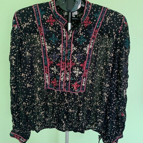 Isabel Marant Blouse Sz 36 S Black Embroidered Boho Tunic Holiday Snowflakes - Picture 1 of 15